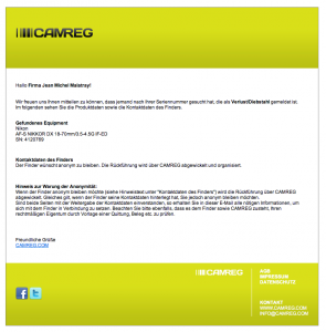 report_mail Schritt 2 - Der Besitzer erhält eine E-Mail mit alle wichtigen Daten und Hinweisen zum weiteren Vorgehen